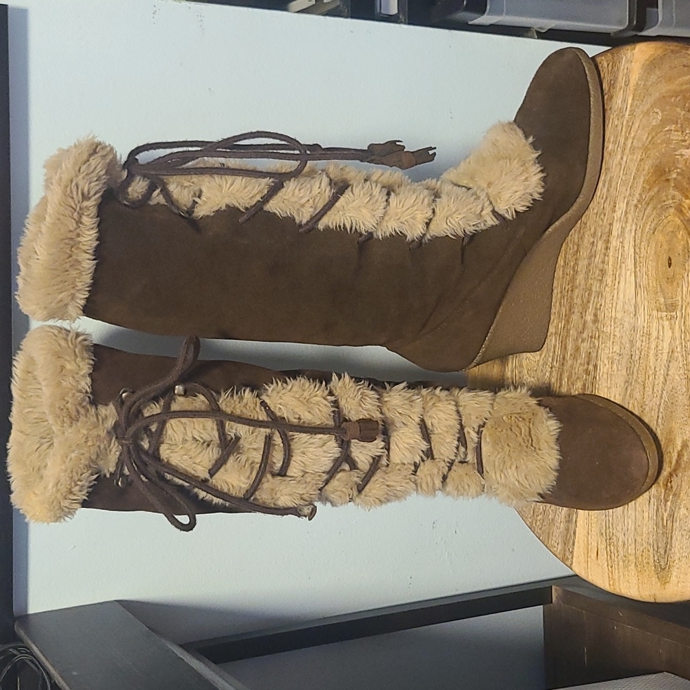 Nine West Brown Fur Wedge Knee High Boots, Size 8
